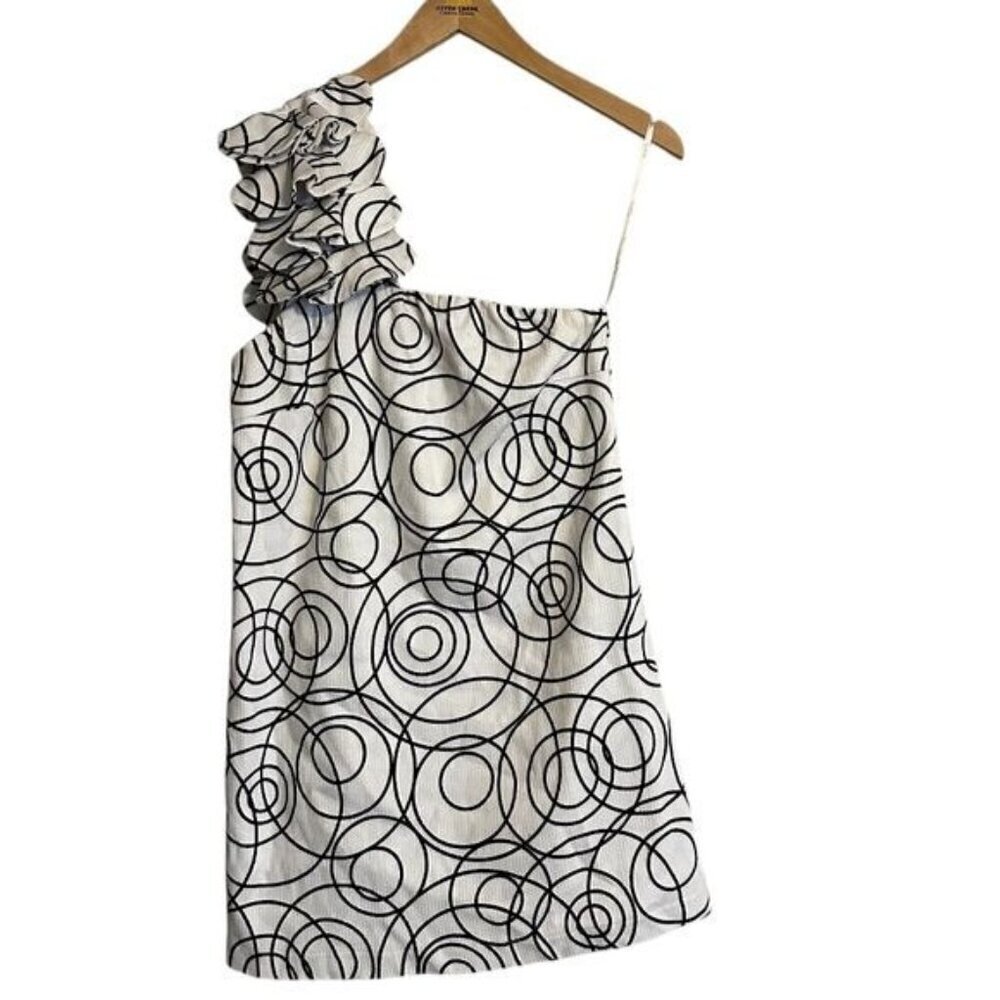 Ghita One Sholder White with Blac Circle Print Mini Dress Size Small